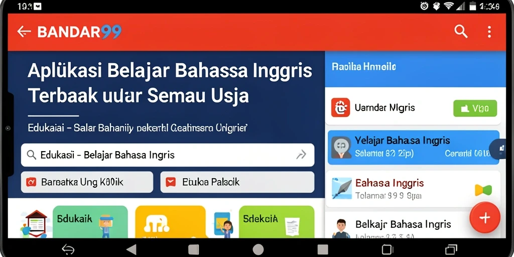 Antarmuka aplikasi BANDAR99 yang menarik dengan fitur belajar bahasa Inggris.