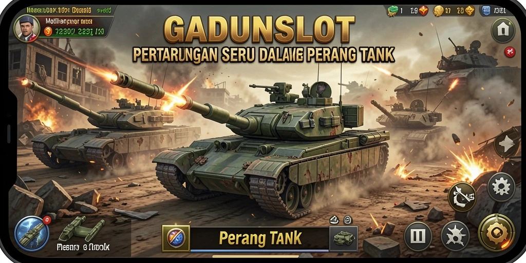 Screenshot antarmuka <strong>GADUNSLOT</strong> menampilkan pertempuran tank yang intens dan strategis.
